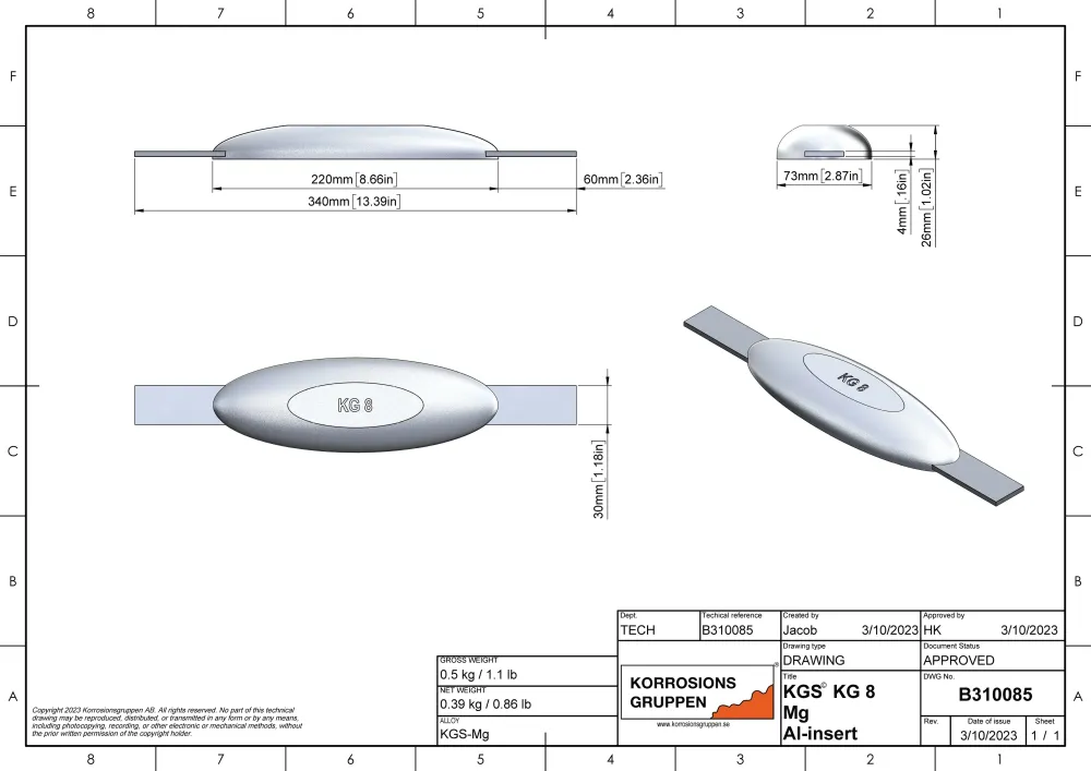 Anodo di magnesio TIPO 8 AL - 220*73*26, (340 mm), circa 0,5 kg. AZ63-1,5VDc