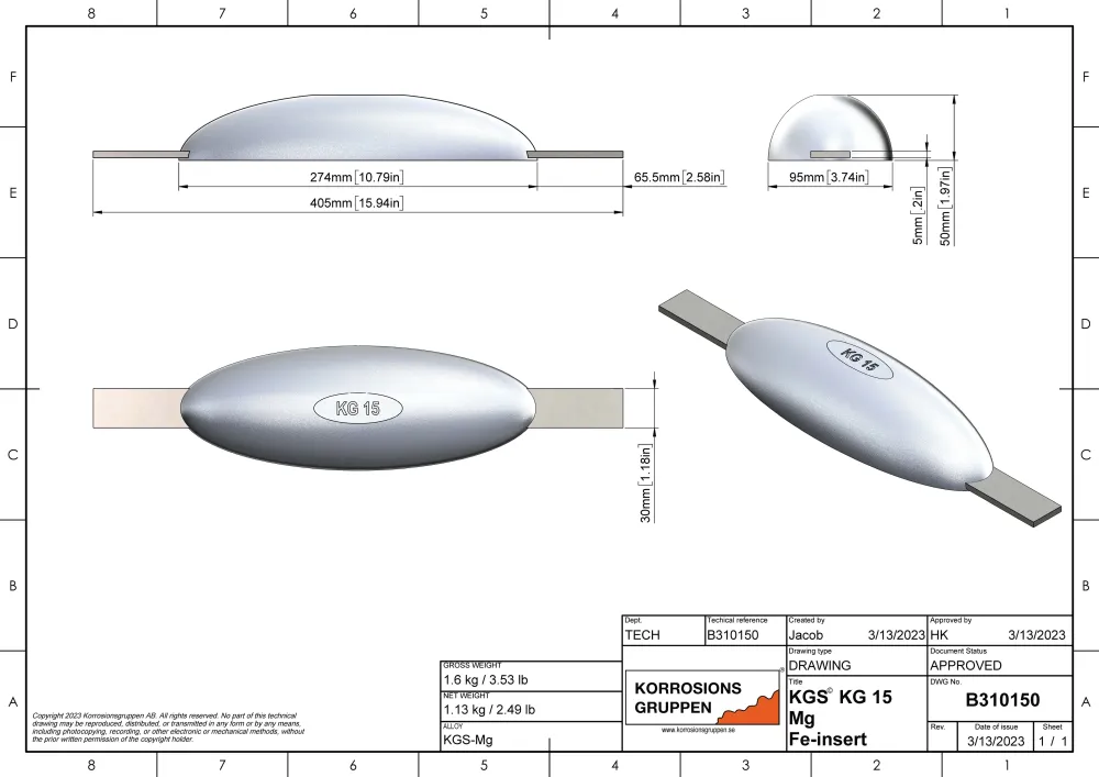 Anodo di magnesio TIPO 15 - 274*95*50, (405mm), ca1.5kg/3,31lb. AZ63-1,5VDc