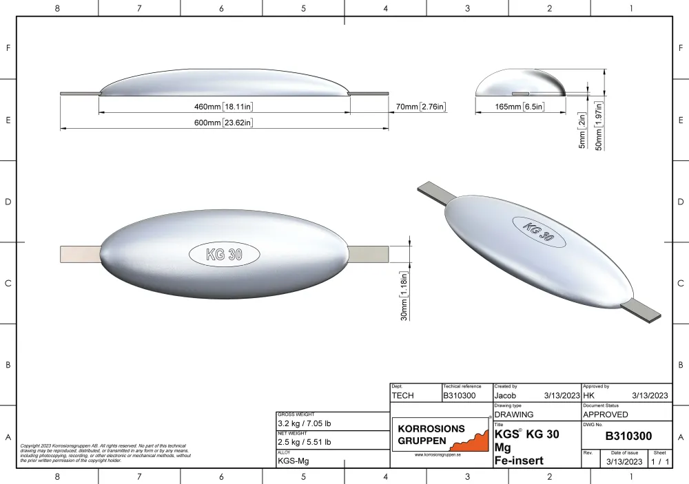 Anodo di magnesio TIPO 30 - 460*165*50, (600mm), circa 3,7kg/8,16lb. AZ63-1,5VDc