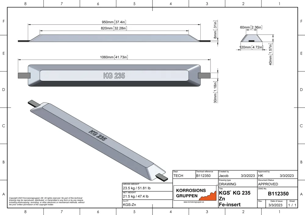 Zinc anodo Tipo 235 - 950*120*40, B112350