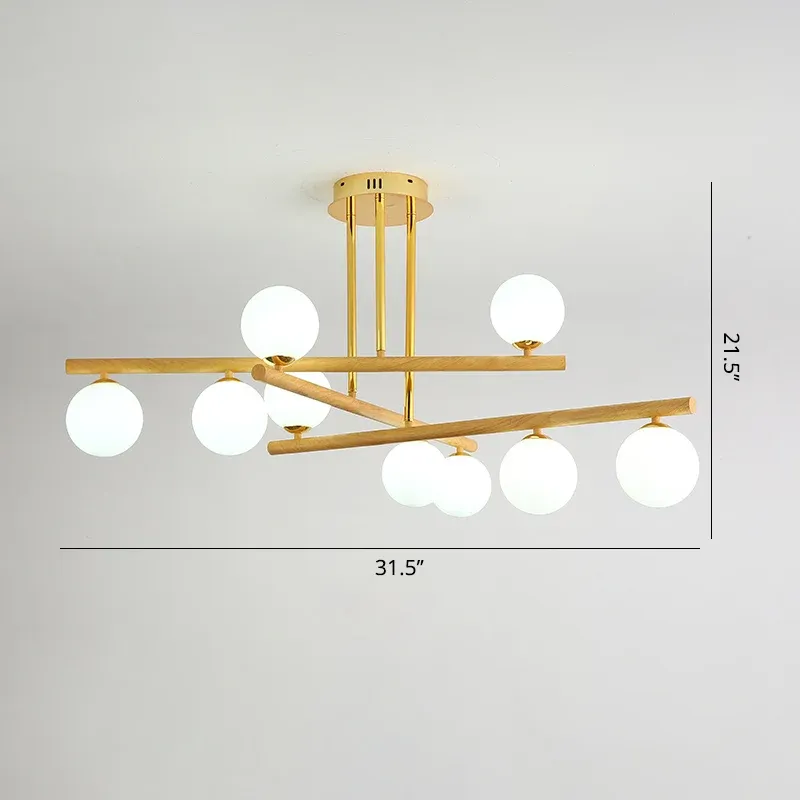 Lampadario sferico minimalista sospensione legno distinto con paralume vetro opalino per camera da letto