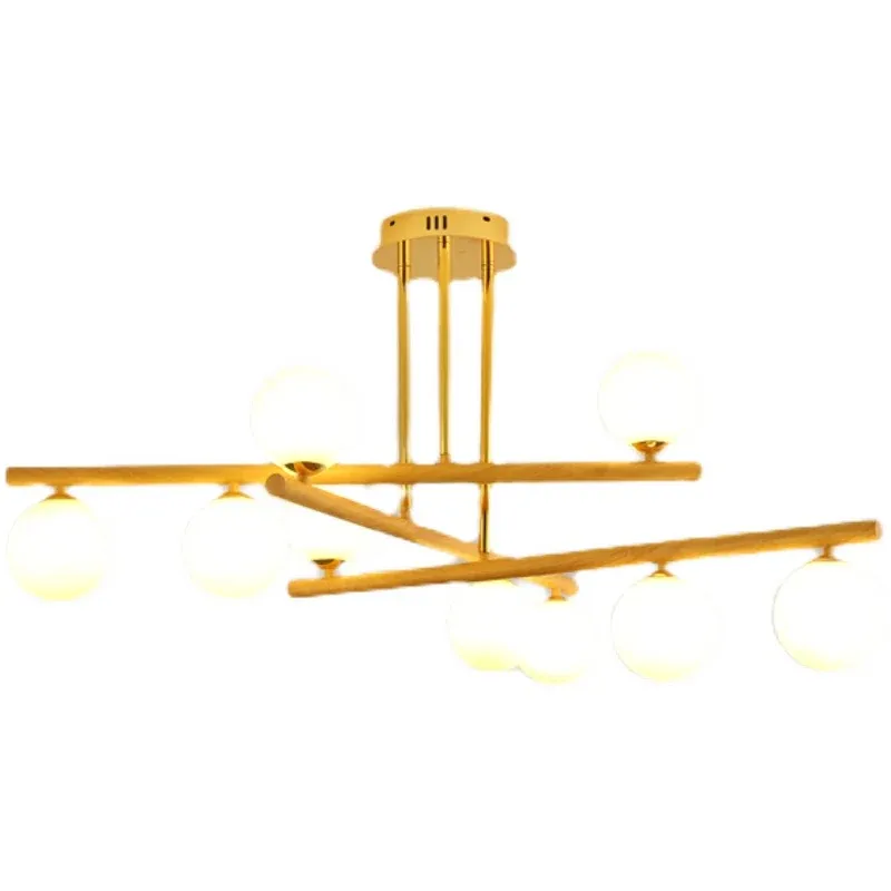 Lampadario sferico minimalista sospensione legno evidente con paralume vetro opalino per camera da letto