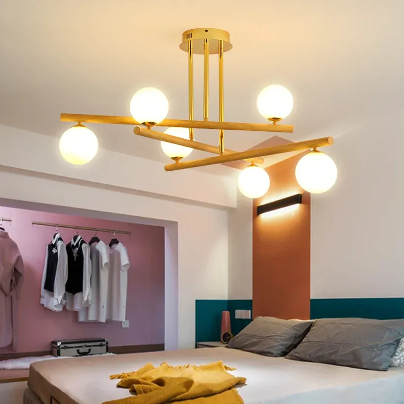 Lampadario sferico minimalista sospensione legno evidente con paralume vetro opalino per camera da letto