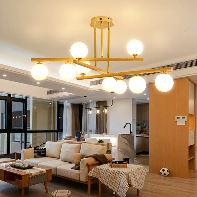 Lampadario sferico minimalista sospensione legno evidente con paralume vetro opalino per camera da letto