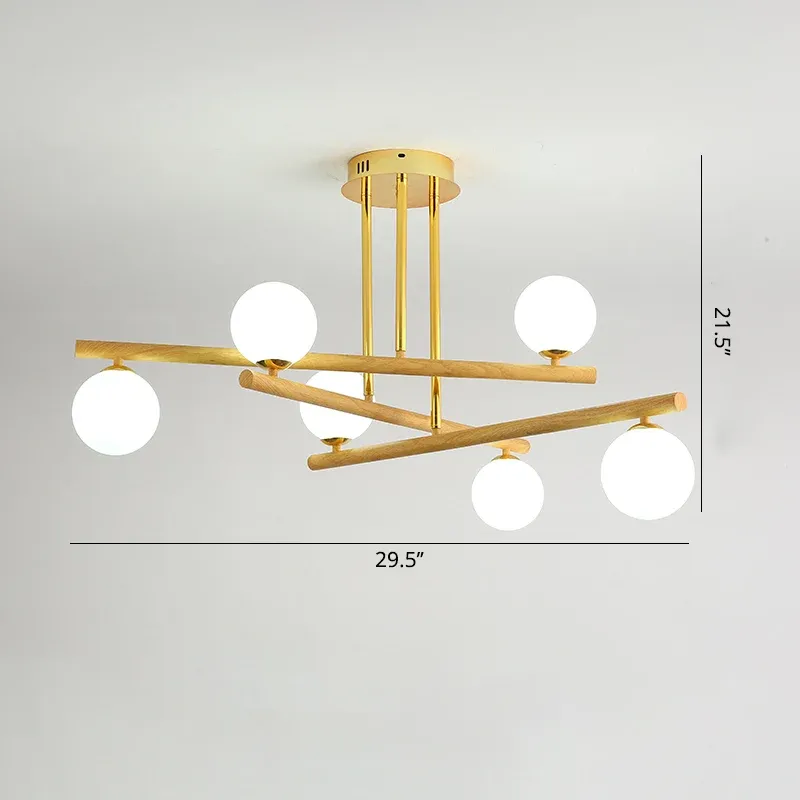 Lampadario sferico minimalista sospensione legno evidente con paralume vetro opalino per camera da letto