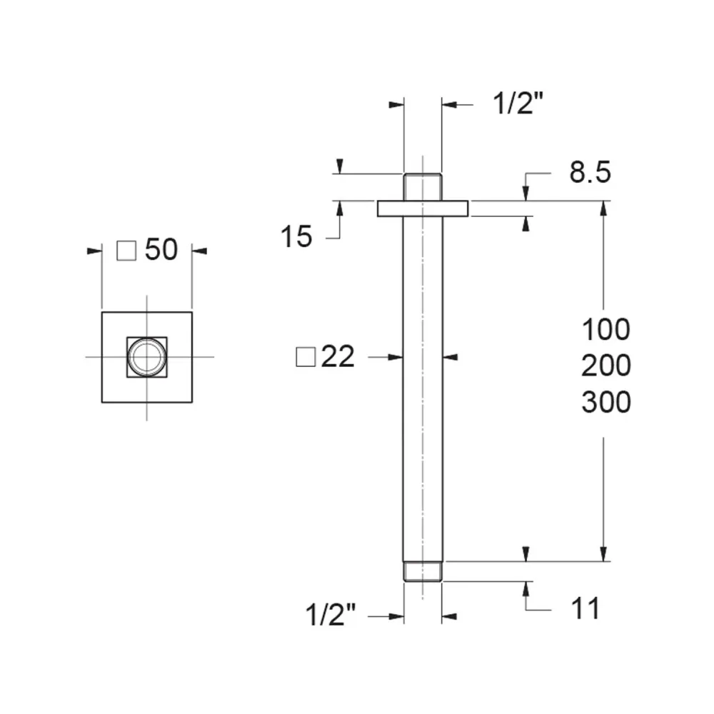 Braccio doccia soffitto 22x22mm lunghezza 100mm oro