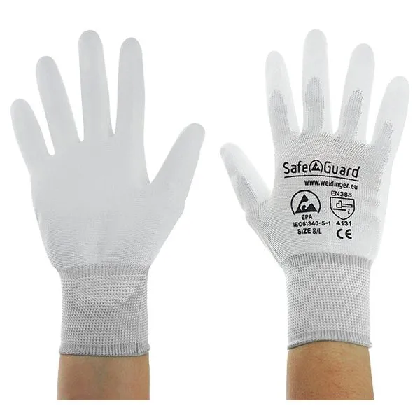 Guanto SafeGuard ESD bianco/grigio distinto palmo rivestito taglia L PU: 12 paia DSWL40765