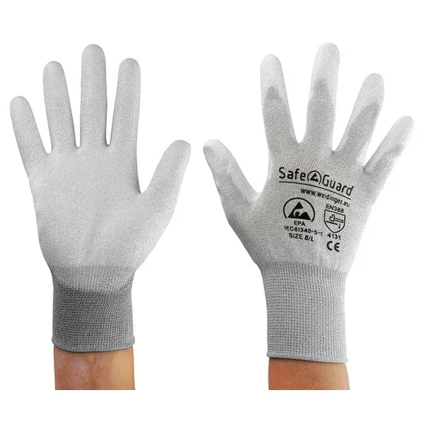 Guanto SafeGuard ESD grigio/grigio limpido palmo rivestito nylon/carbonio taglia L PU: 12 paia DSWL39623