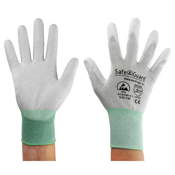 Guanto SafeGuard ESD grigio/turchese palmo rivestito nylon/carbonio taglia M PU: 12 paia DSWL39622
