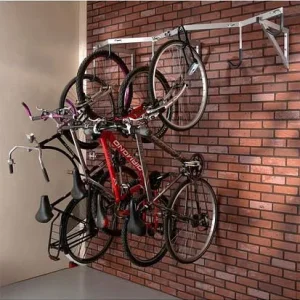 Supporto da parete DENIOS per 6 biciclette con ganci sfalsati larghezza 2000 mm 292364