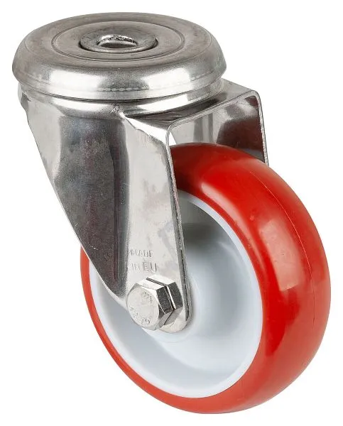 Rulli BS rullo di trasporto acciaio inox larghezza 28 mm Ø80 mm fino 100 kg rivestimento poliuretano rosso corpo ruota pla...