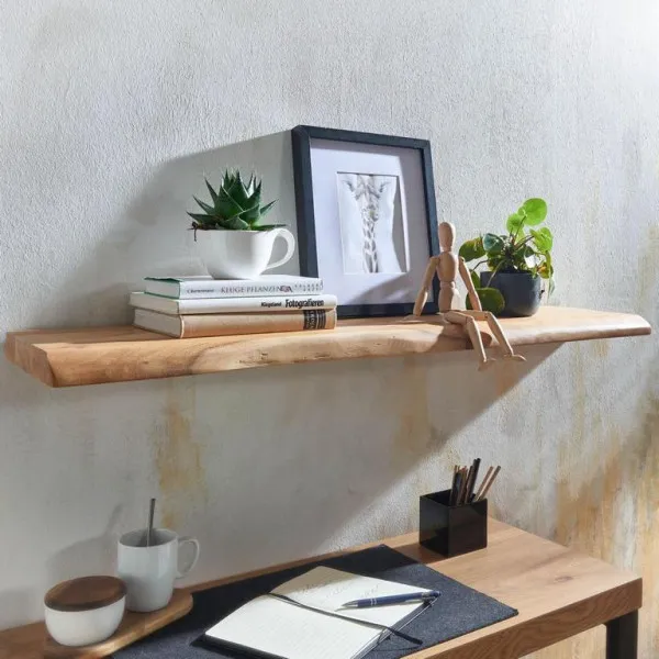 Mensola da parete Wohnling con bordo albero legno massello di acacia 100 cm mensola sospesa di design mensola da parete so...