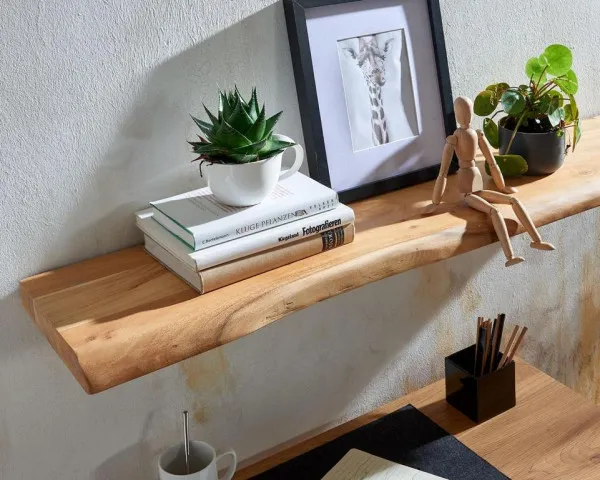 Mensola da parete Wohnling con bordo albero legno massello di acacia 100 cm mensola sospesa di design mensola da parete so...