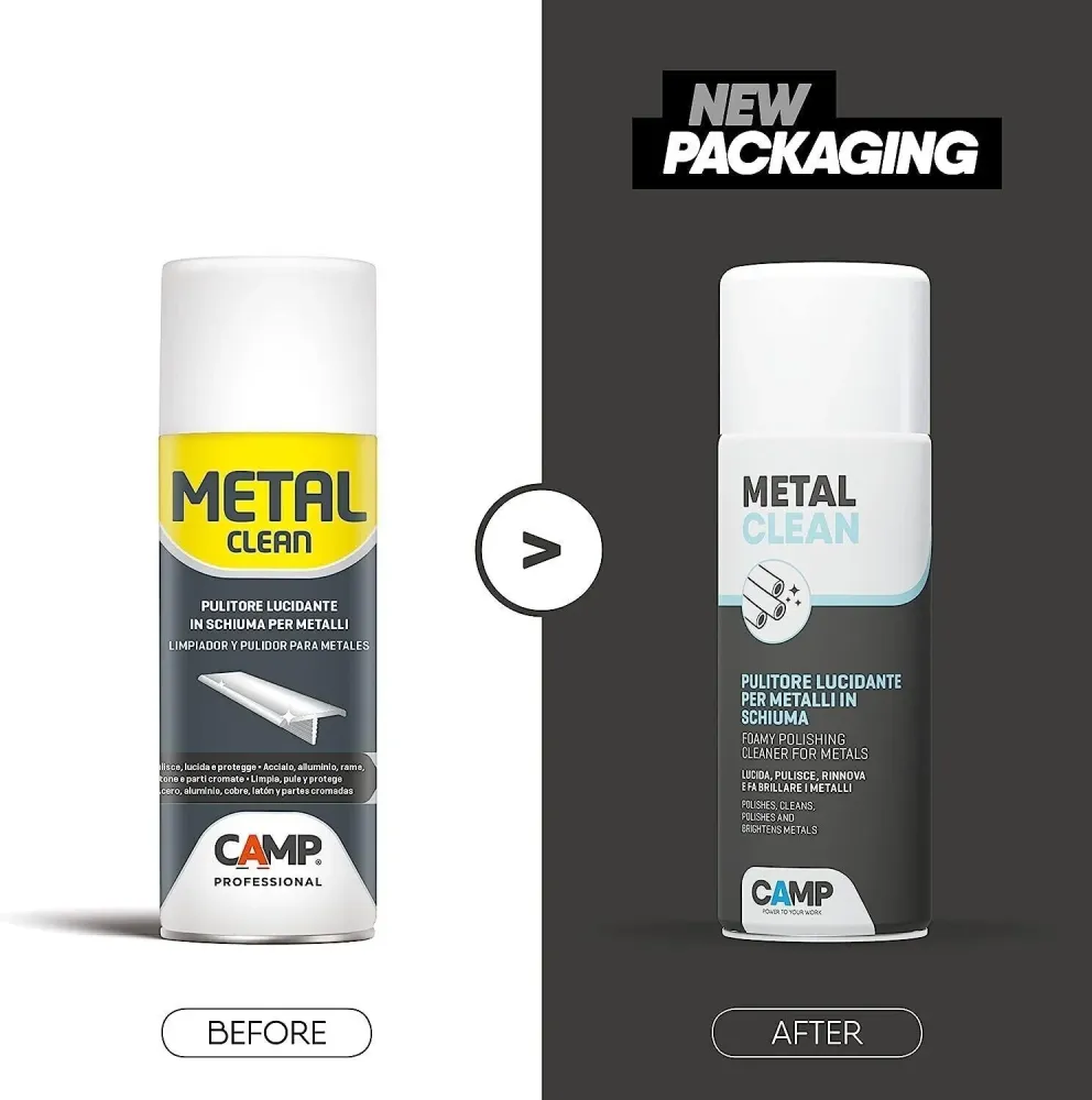 Camp -METAL CLEAN-Schiuma, Polish Metalli, Pulitore, Abrasivo, Protettivo, 400ml UNI EN 1276