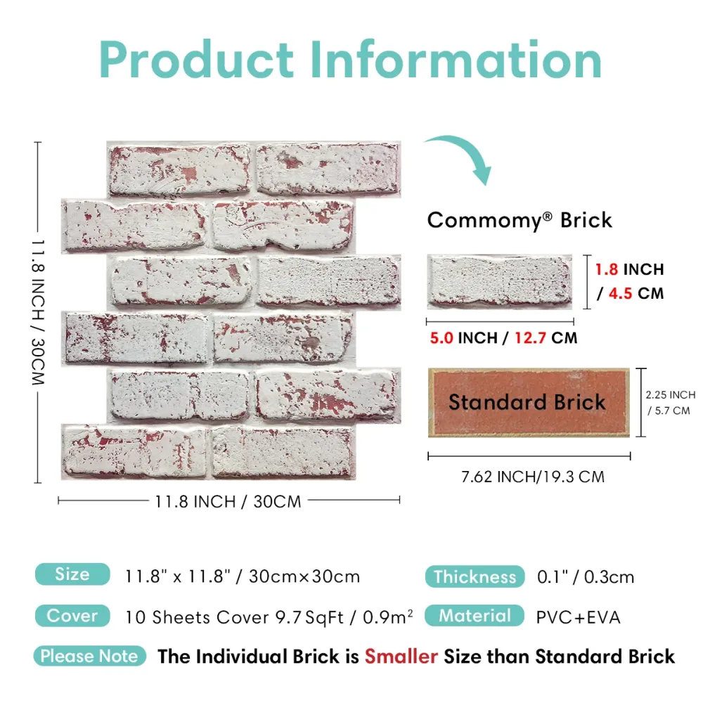 Frontale Ricaricabile 3D Whitewash Brick Peel and Stick Wall Tile