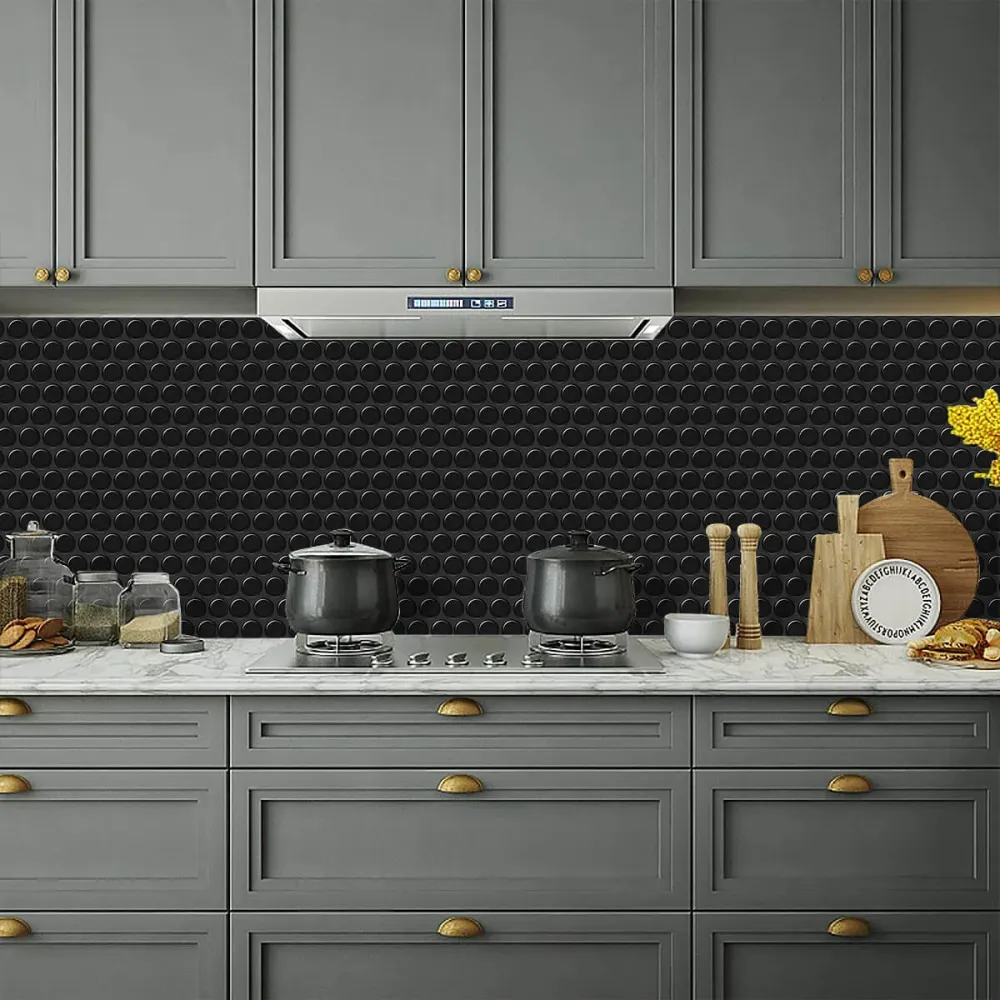 Nero puro Penny Backsplash Peel and Stick Tile | Impermeabile e Resistente agli Urti