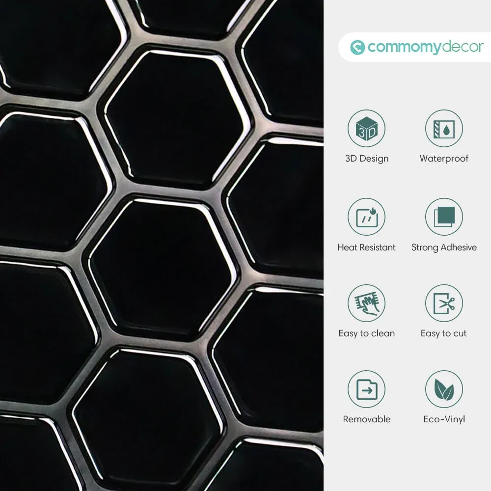 Ricaricabile ad Alta Luminosità Grezzo Black Hexagon Peel and Stick Backsplash Tile