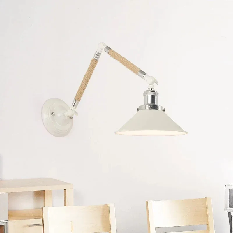 Sconce da parete conica bianca da lavoro Nordic Ferro 1 lampadina Lampada da parete metallo con braccio girevole corda