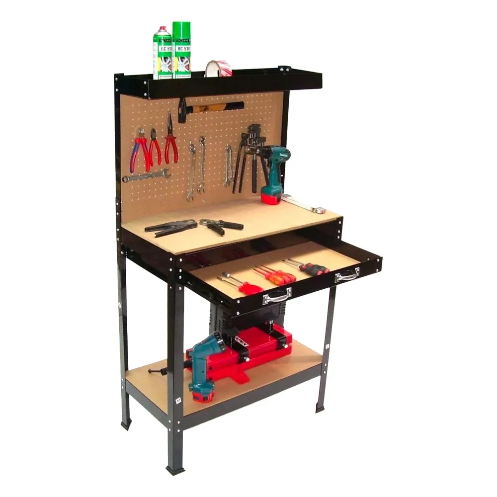 Banco Da Lavoro 2 Ripiani E 1 Cassetto Acciaio Con Schienale 12 Ganci Mdf 90x48x140cm