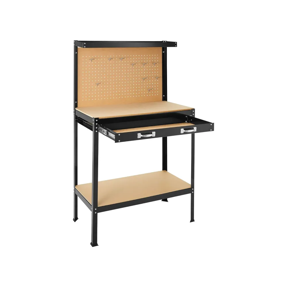 Banco Da Lavoro 2 Ripiani E 1 Cassetto Acciaio Con Schienale 12 Ganci Mdf 90x48x140cm