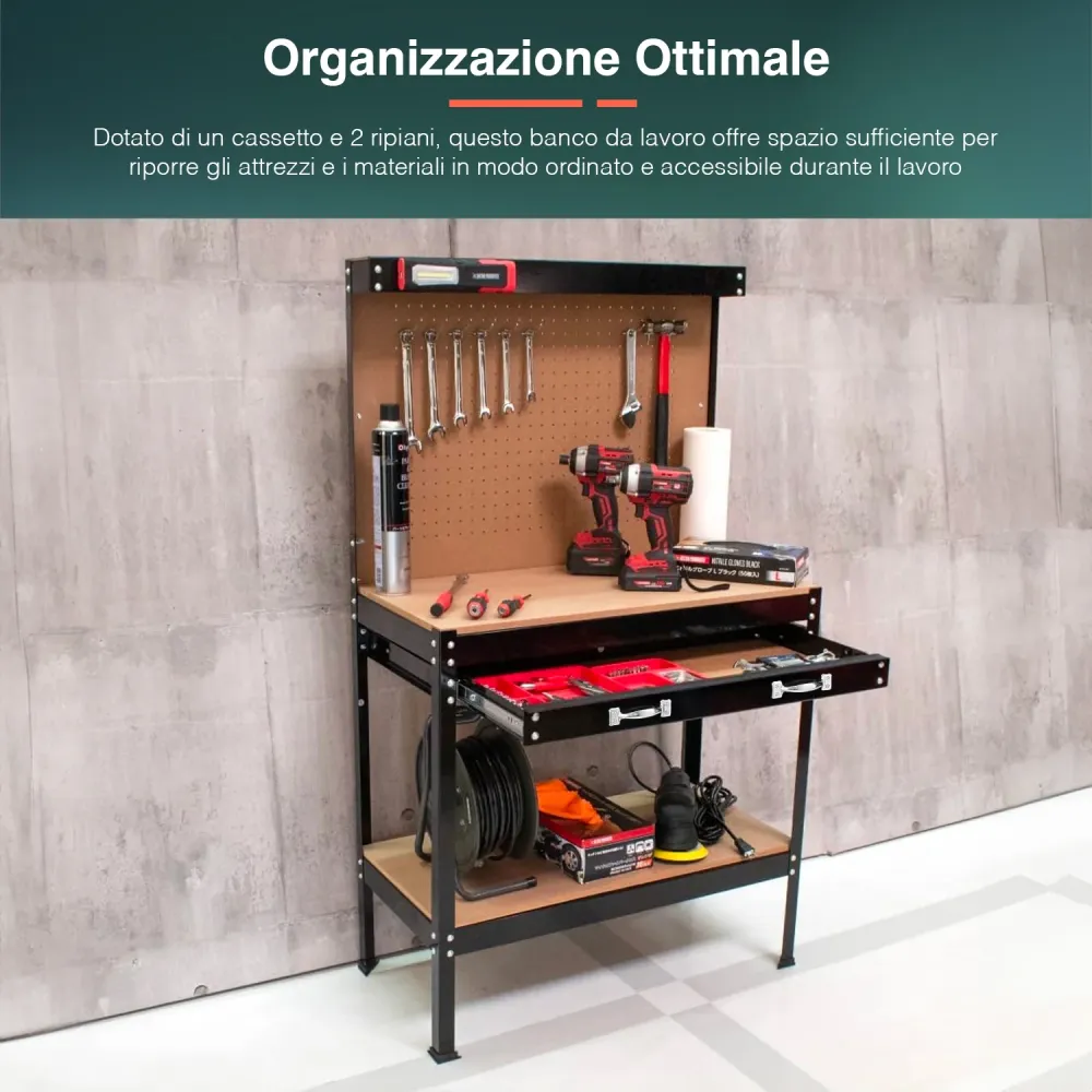 Banco Da Lavoro 2 Ripiani E 1 Cassetto Acciaio Con Schienale 12 Ganci Mdf 90x48x140cm