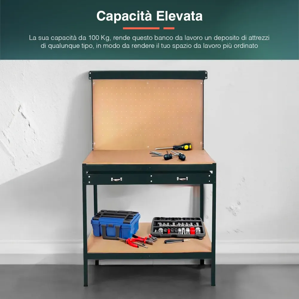 Banco Da Lavoro 2 Ripiani E 1 Cassetto Acciaio Con Schienale 12 Ganci Mdf 90x48x140cm