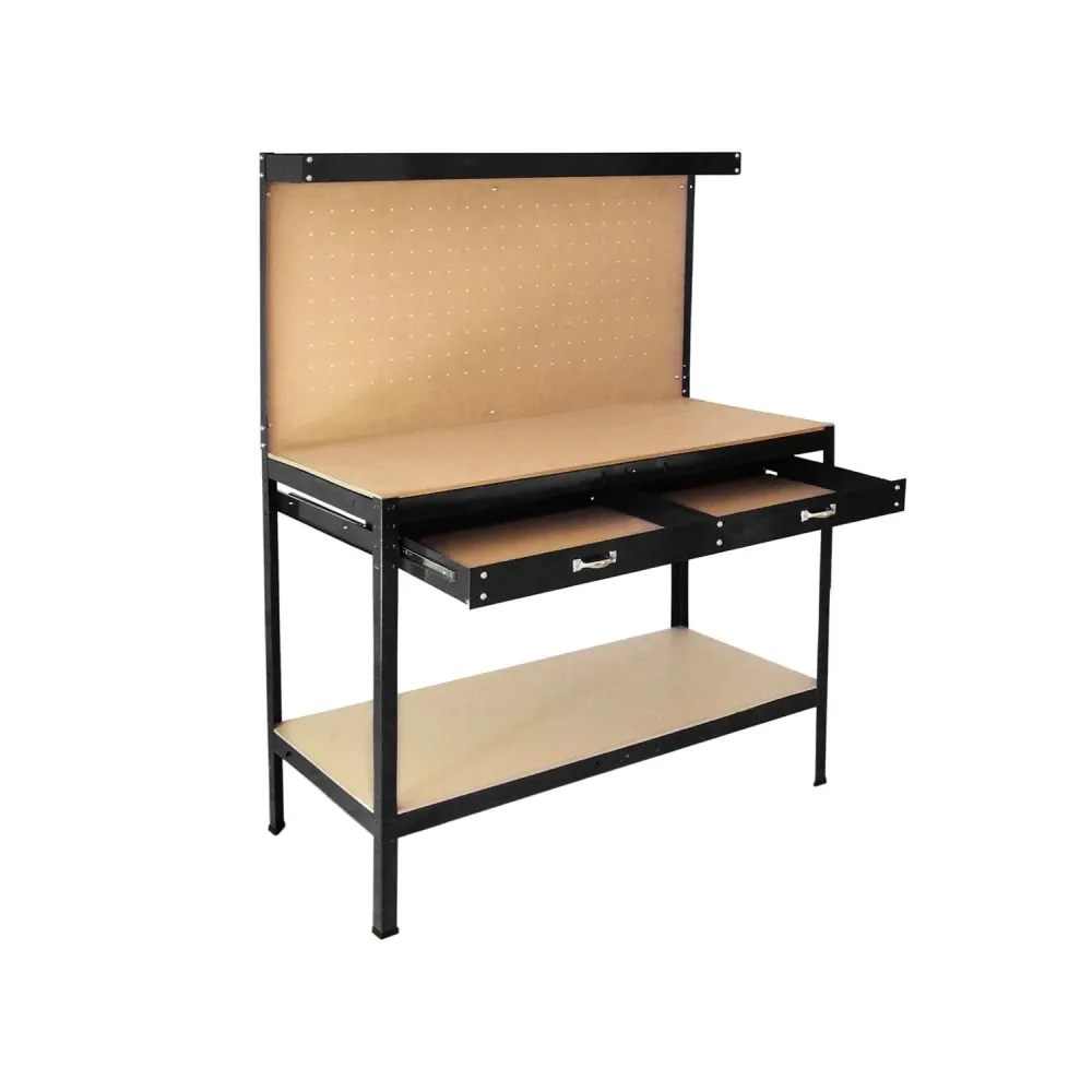 Banco Da Lavoro 2 Ripiani E 1 Cassetto Acciaio Con Schienale Mdf 150x120x60cm