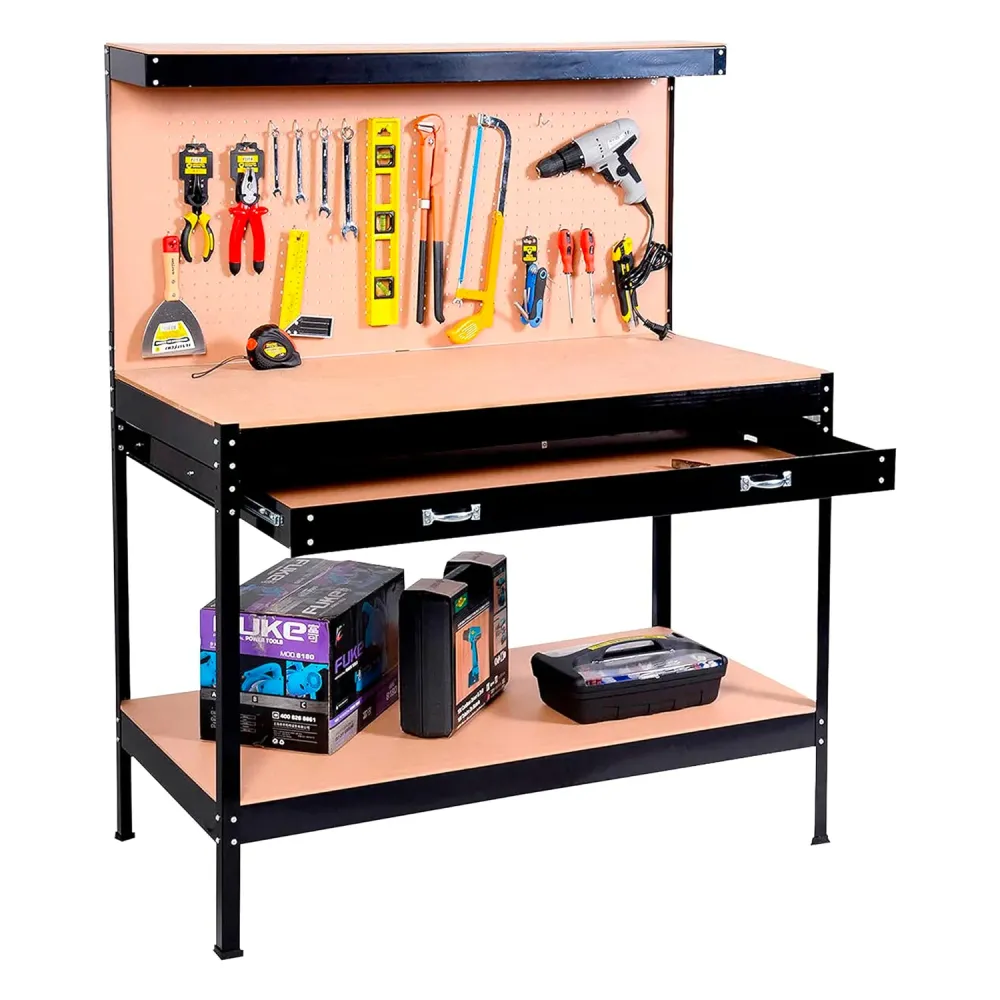 Banco Da Lavoro 2 Ripiani E 1 Cassetto Acciaio Con Schienale Mdf 150x120x60cm