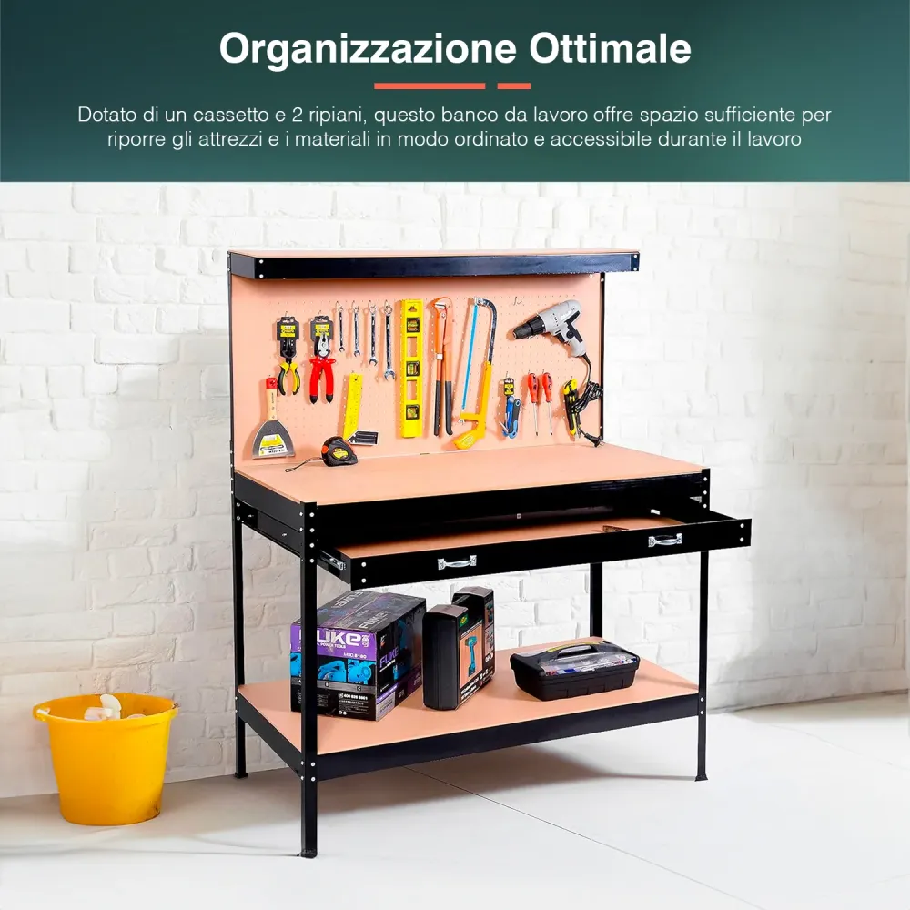 Banco Da Lavoro 2 Ripiani E 1 Cassetto Acciaio Con Schienale Mdf 150x120x60cm