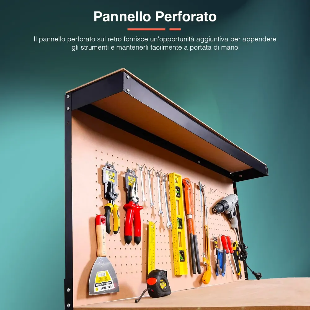Banco Da Lavoro 2 Ripiani E 1 Cassetto Acciaio Con Schienale Mdf 150x120x60cm