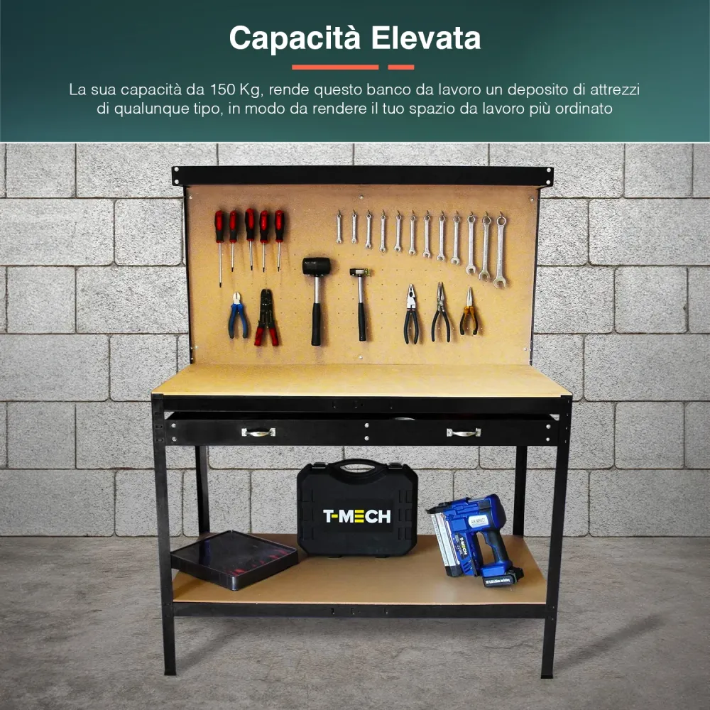 Banco Da Lavoro 2 Ripiani E 1 Cassetto Acciaio Con Schienale Mdf 150x120x60cm
