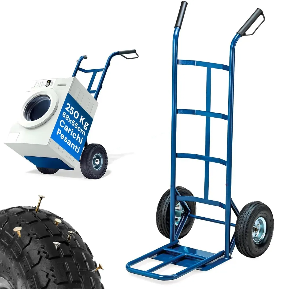 Carrello da Carico Professionale 250 kg Acciaio - Blu con Ruote Pneumatiche Antiforo