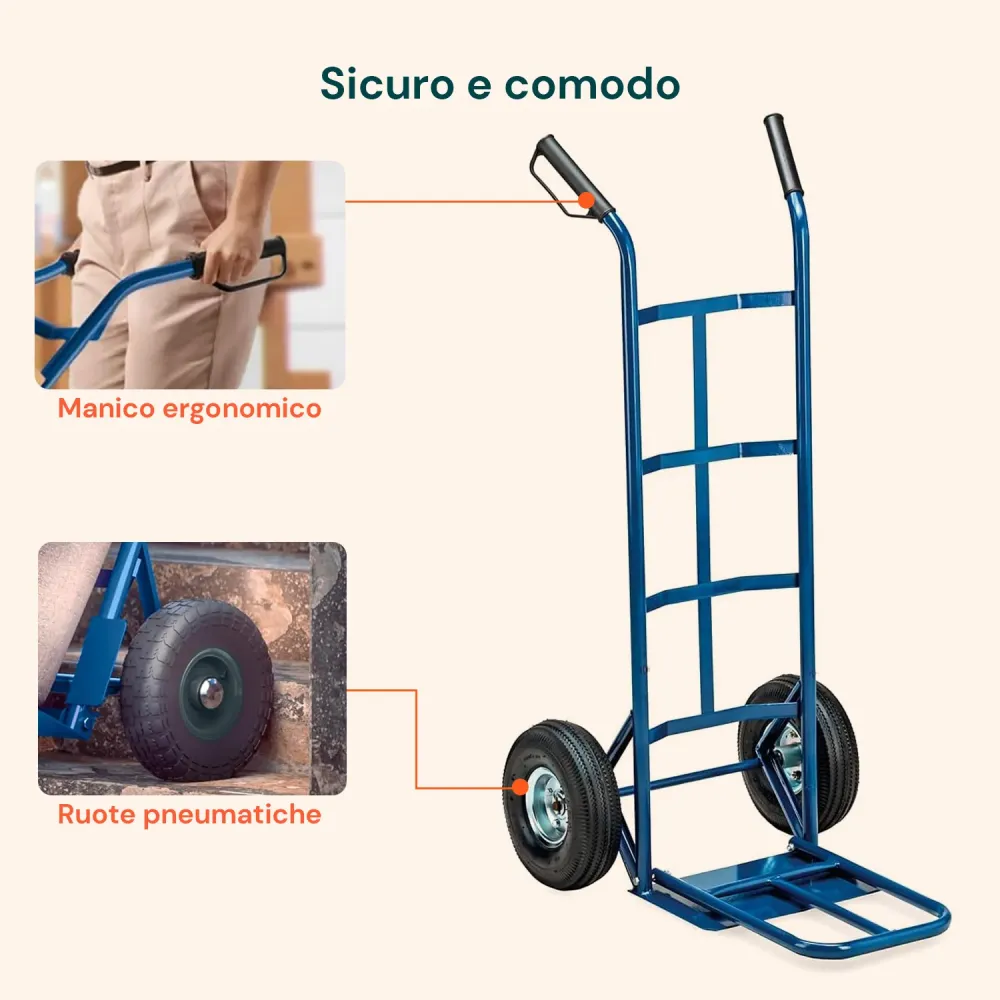 Carrello da Carico Professionale 250 kg Acciaio - Blu con Ruote Pneumatiche Antiforo