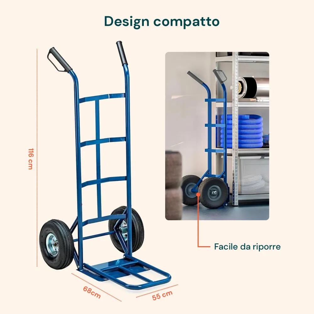 Carrello da Carico Professionale 250 kg Acciaio - Blu con Ruote Pneumatiche Antiforo
