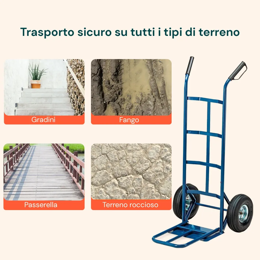 Carrello da Carico Professionale 250 kg Acciaio - Blu con Ruote Pneumatiche Antiforo