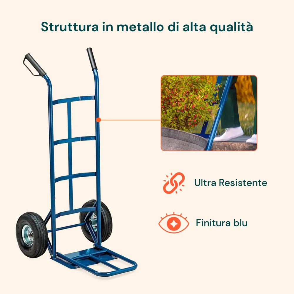 Carrello da Carico Professionale 250 kg Acciaio - Blu con Ruote Pneumatiche Antiforo