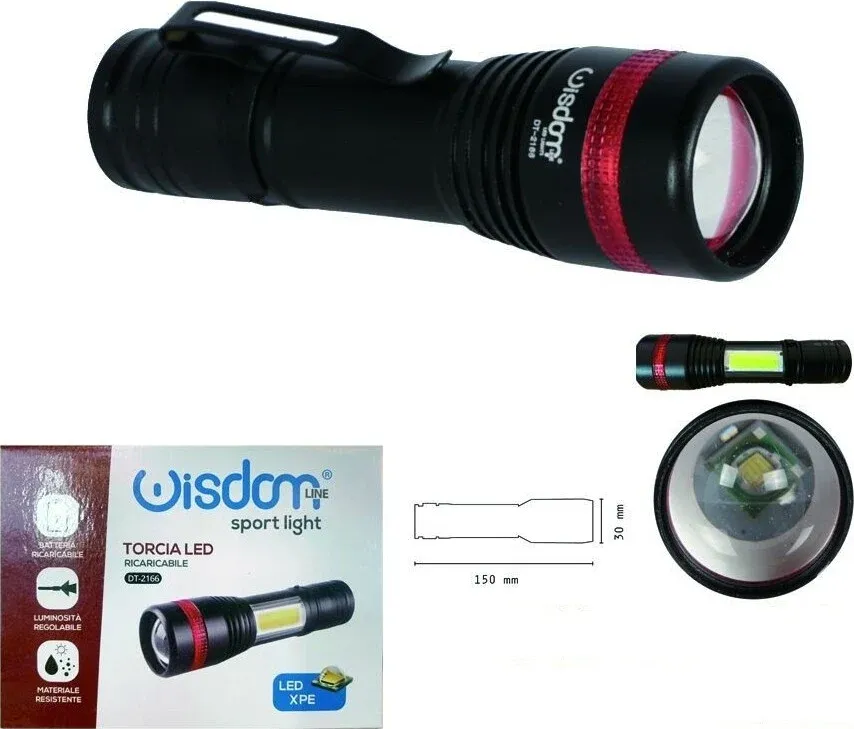 Faro Torcia Led Ricaricabile Luminosita Regolabile Doppia Emissione Luce Dt-2166