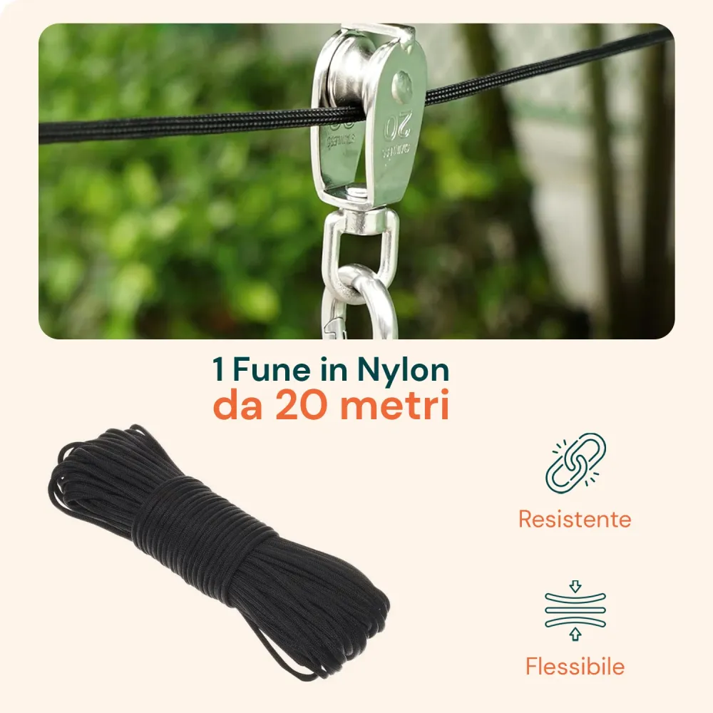 Kit Carrucola Acciaio Inox con Fune 20 m – Resistente e Completo di Accessori