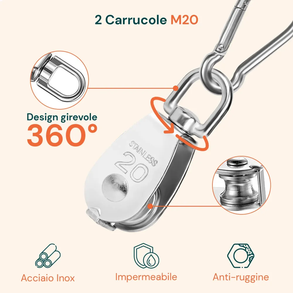 Kit Carrucola Acciaio Inox con Fune 20 m – Resistente e Completo di Accessori