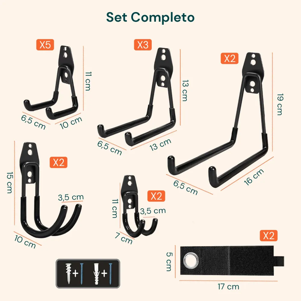 Kit 16 Ganci da Muro per Officina o Garage – Diverse Misure e Usi