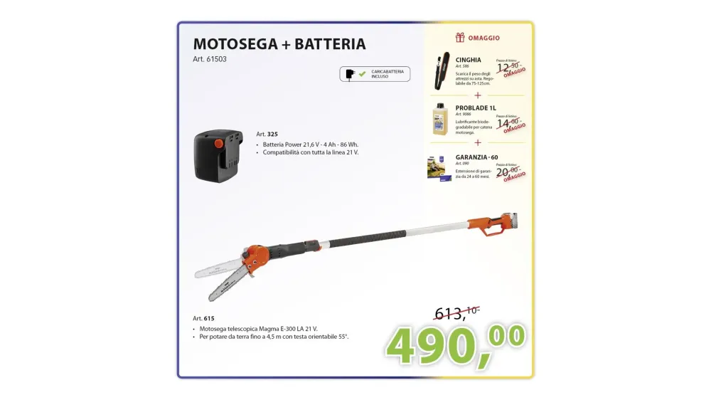 KIT MOTOSEGA TELESCOPICA + BATTERIA