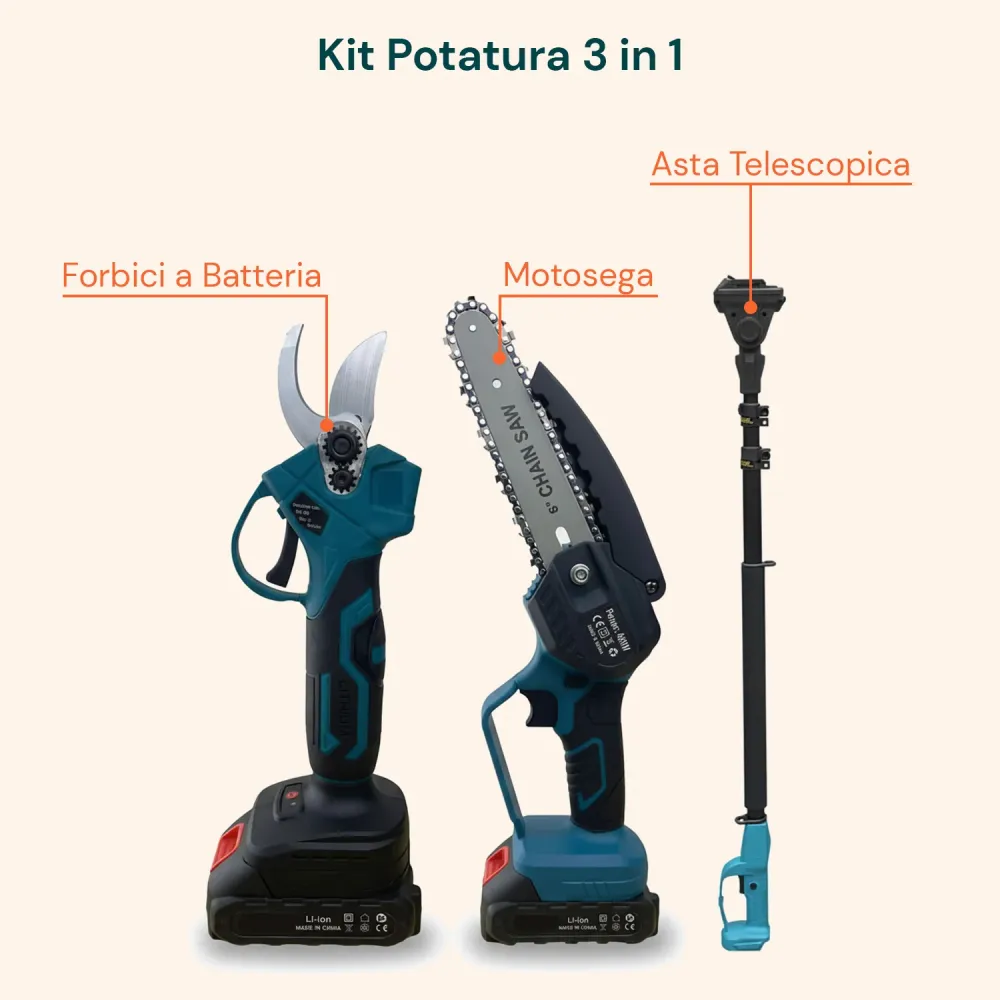 Kit 3 1 Potatura con Forbice, Motosega e Asta Telescopica Batteria 88V
