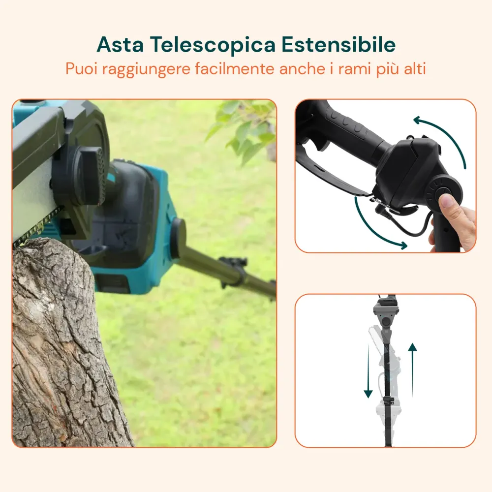Kit 3 1 Potatura con Forbice, Motosega e Asta Telescopica Batteria 88V