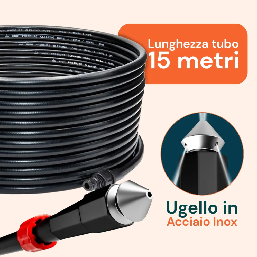 Kit Sonda Spurgo 15 m per Idropulitrice con 4 Adattatori Universali
