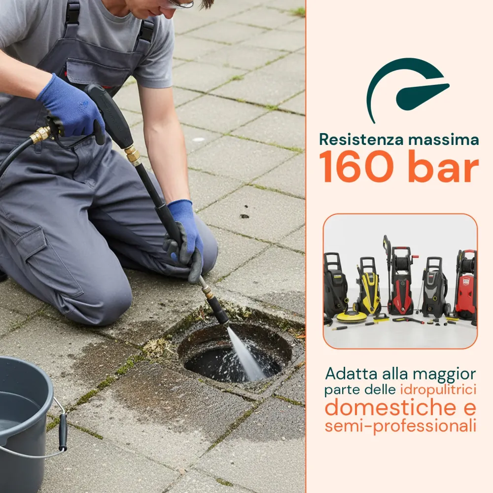Kit Sonda Spurgo 15 m per Idropulitrice con 4 Adattatori Universali