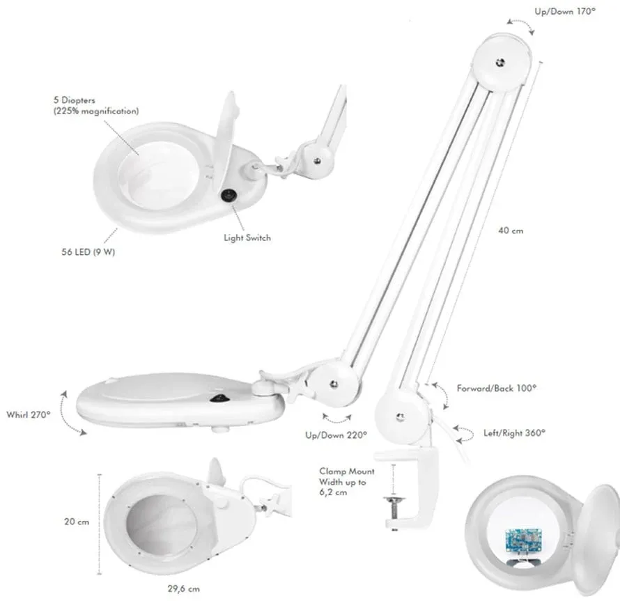 Lampada LED con Lente d'ingrandimento 5 Diottrie Attacco Morsetto