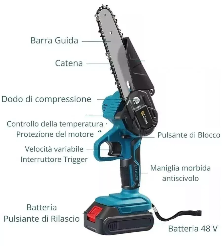 Mini Motosega 6’' Pollici 48V | Doppia Batteria E Oliatore