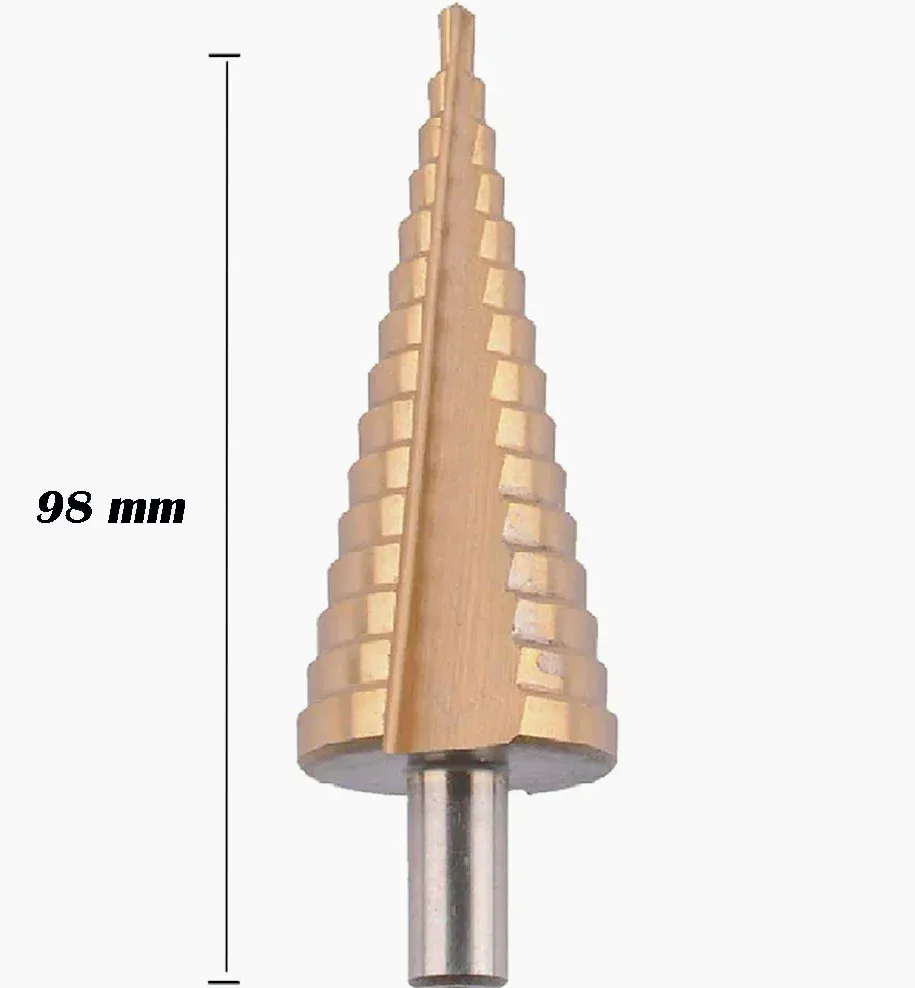 Punta conica scalini HSS con rivestimento titanio – Fresa per trapano diametri 4-30 mm, per acciaio, ottone, rame, allumin...