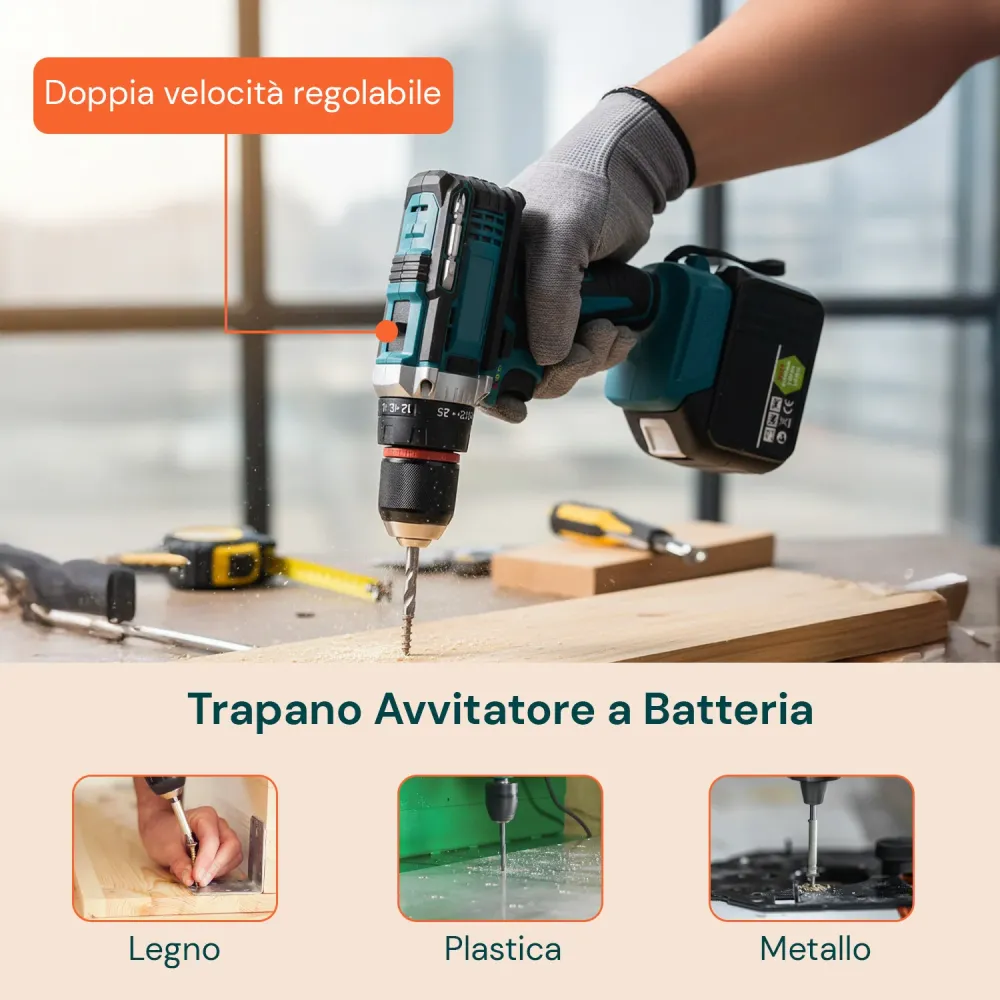 Set Completo per Fai da Te con Avvitatore Batteria e Trapano Percussione Multifunzione