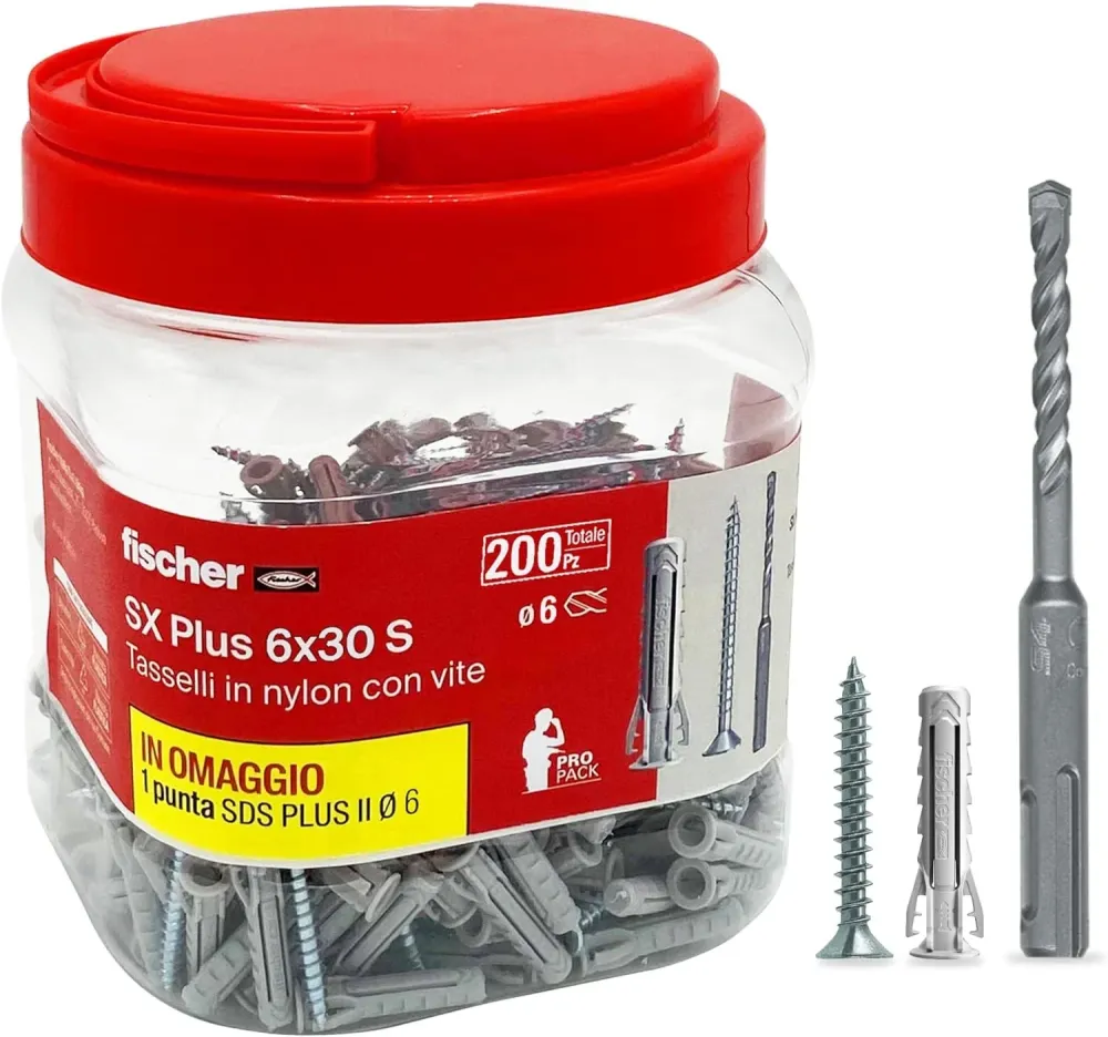 Tasselli Fischer ad espansione nylon SX Plus 6x30 mm + Punta SDS (200 pezzi)